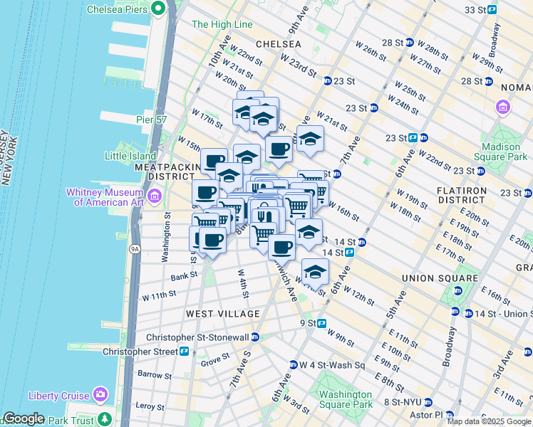 map of restaurants, bars, coffee shops, grocery stores, and more near 121 Greenwich Avenue in New York