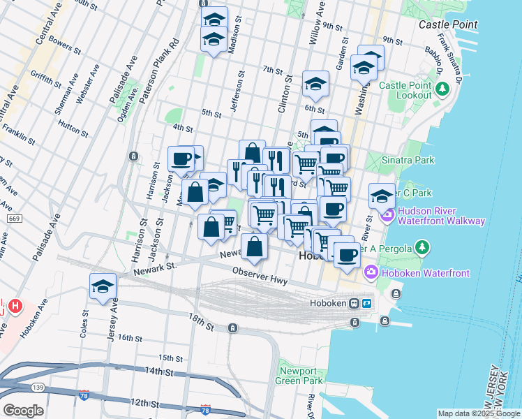 map of restaurants, bars, coffee shops, grocery stores, and more near 354 1st Street in Hoboken