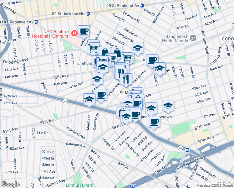 map of restaurants, bars, coffee shops, grocery stores, and more near 83-36 Dongan Avenue in Queens