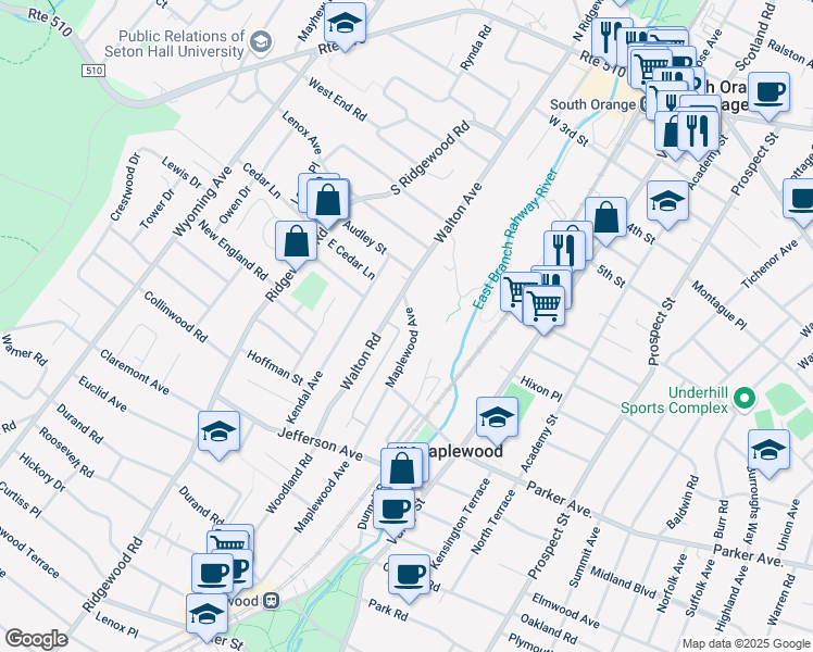 map of restaurants, bars, coffee shops, grocery stores, and more near 11 Maplewood Avenue in Maplewood