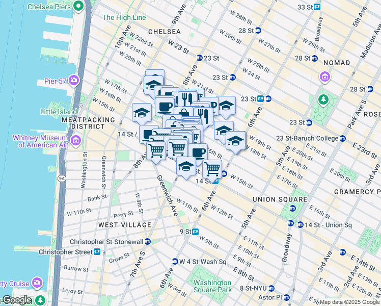 map of restaurants, bars, coffee shops, grocery stores, and more near in New York