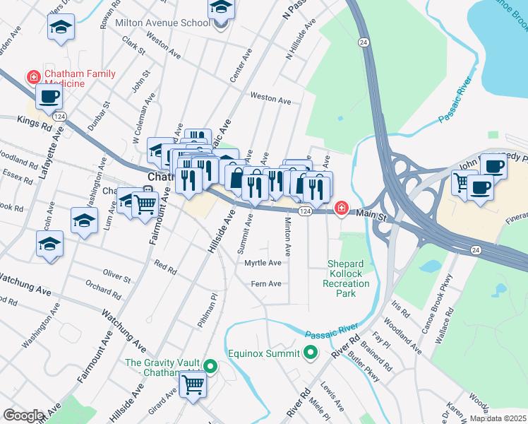 map of restaurants, bars, coffee shops, grocery stores, and more near 7 Hedges Avenue in Chatham