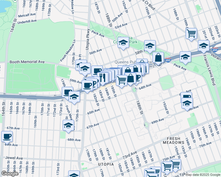 map of restaurants, bars, coffee shops, grocery stores, and more near 184-22 Horace Harding Expressway in Queens