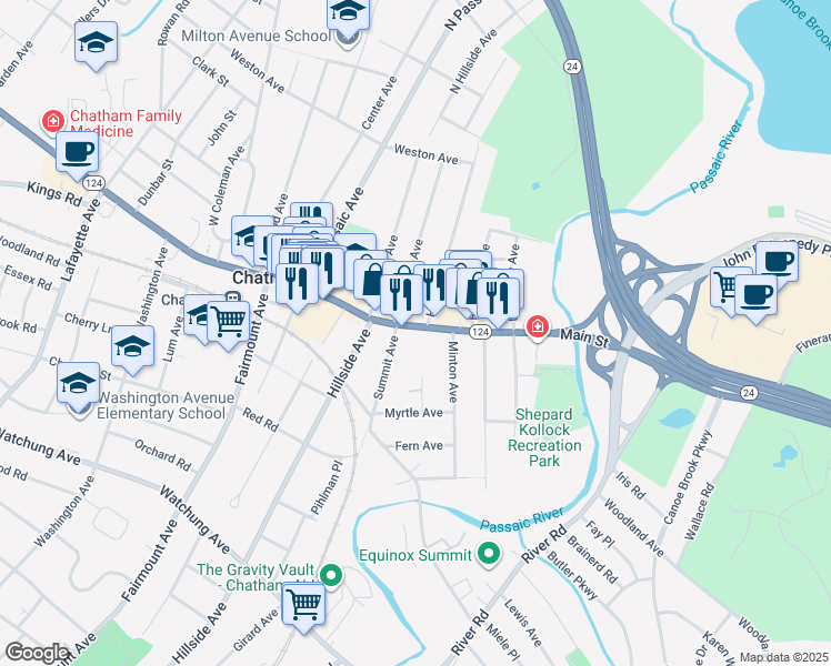 map of restaurants, bars, coffee shops, grocery stores, and more near 7 Hedges Avenue in Chatham