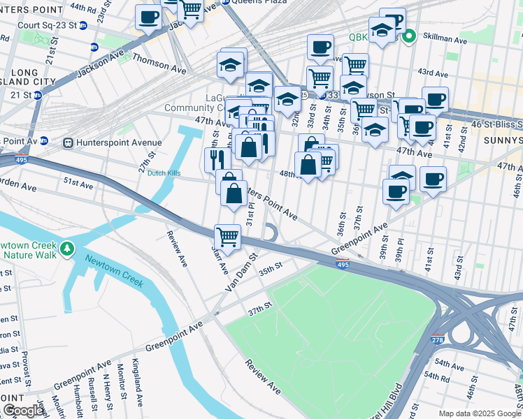 map of restaurants, bars, coffee shops, grocery stores, and more near 49-20 Van Dam Street in Queens