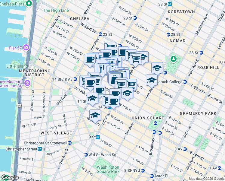 map of restaurants, bars, coffee shops, grocery stores, and more near 133 West 17th Street in New York
