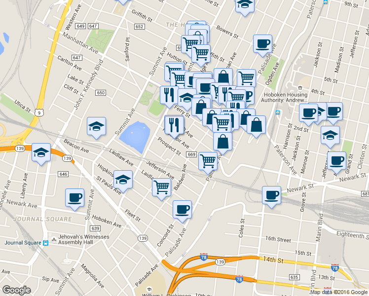 map of restaurants, bars, coffee shops, grocery stores, and more near 91 Booraem Avenue in Jersey City