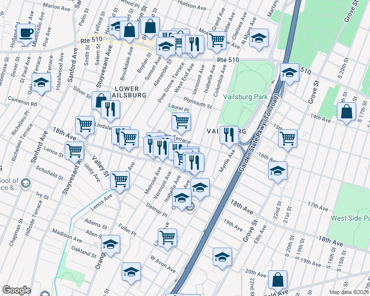 map of restaurants, bars, coffee shops, grocery stores, and more near in Newark