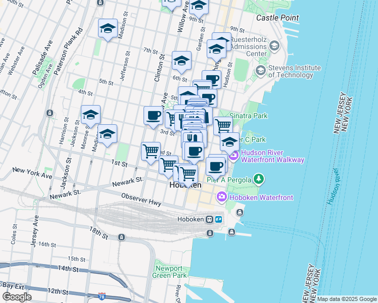 map of restaurants, bars, coffee shops, grocery stores, and more near 213 Bloomfield Street in Hoboken