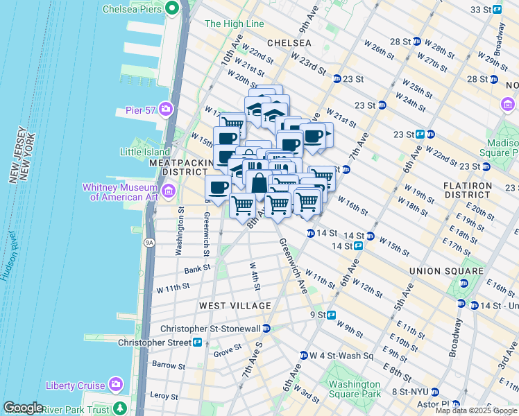 map of restaurants, bars, coffee shops, grocery stores, and more near in New York