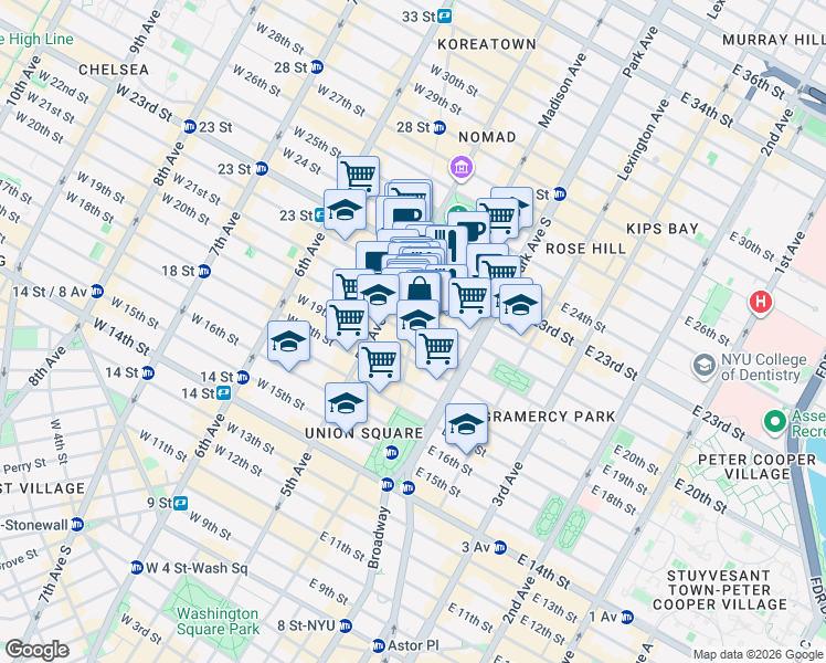 map of restaurants, bars, coffee shops, grocery stores, and more near 905 Broadway in New York