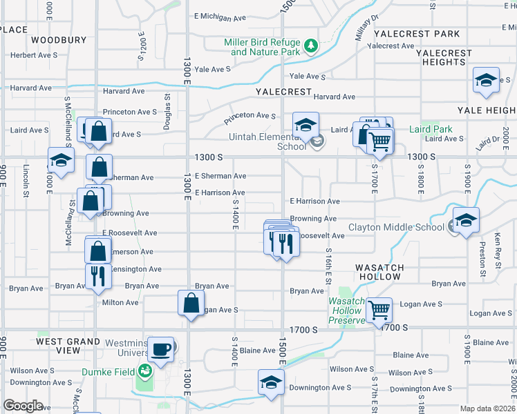map of restaurants, bars, coffee shops, grocery stores, and more near 1464 Harrison Avenue in Salt Lake City