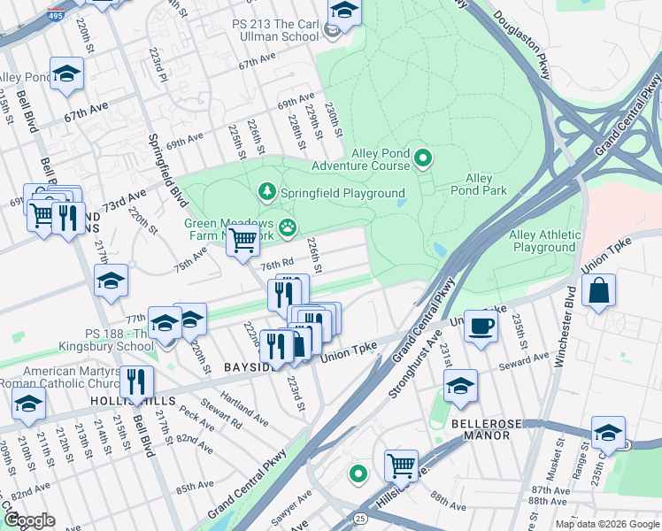 map of restaurants, bars, coffee shops, grocery stores, and more near 226-11 76th Road in Queens