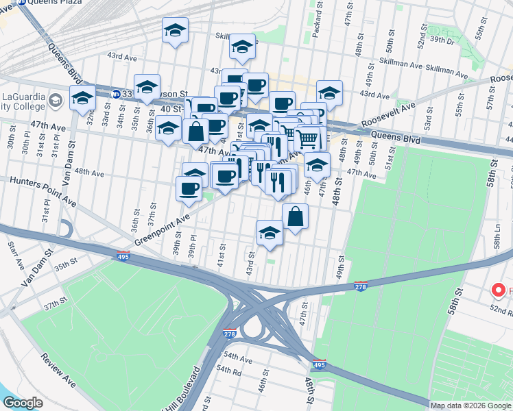 map of restaurants, bars, coffee shops, grocery stores, and more near 42-05 48th Avenue in Queens
