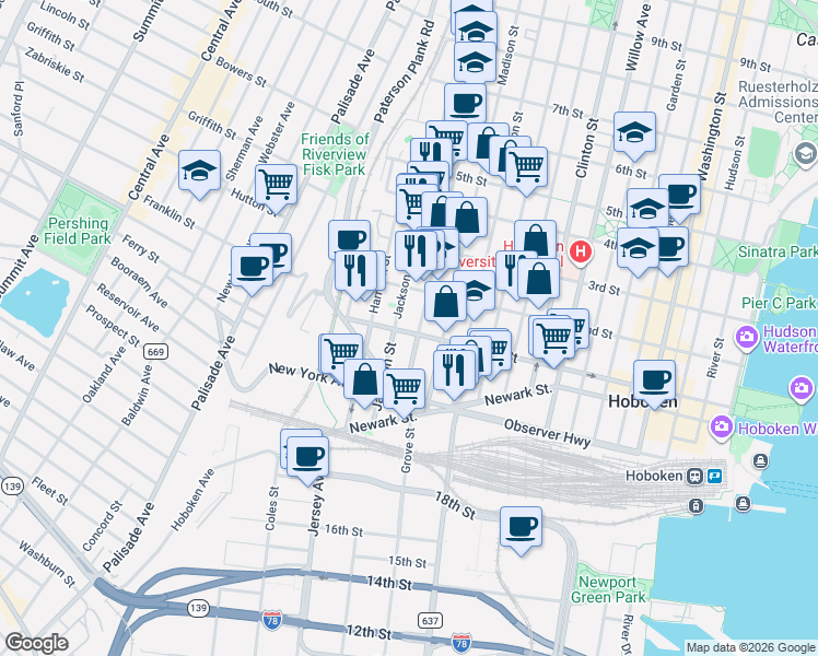 map of restaurants, bars, coffee shops, grocery stores, and more near 126 Monroe Street in Hoboken