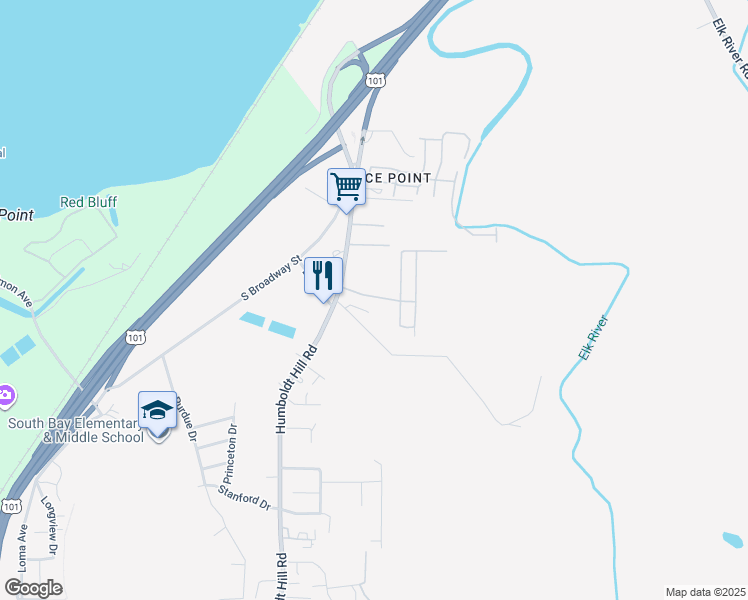 map of restaurants, bars, coffee shops, grocery stores, and more near 1 Sunshine Way in Eureka