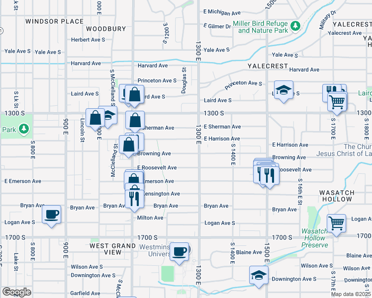 map of restaurants, bars, coffee shops, grocery stores, and more near 1249 Harrison Avenue South in Salt Lake City