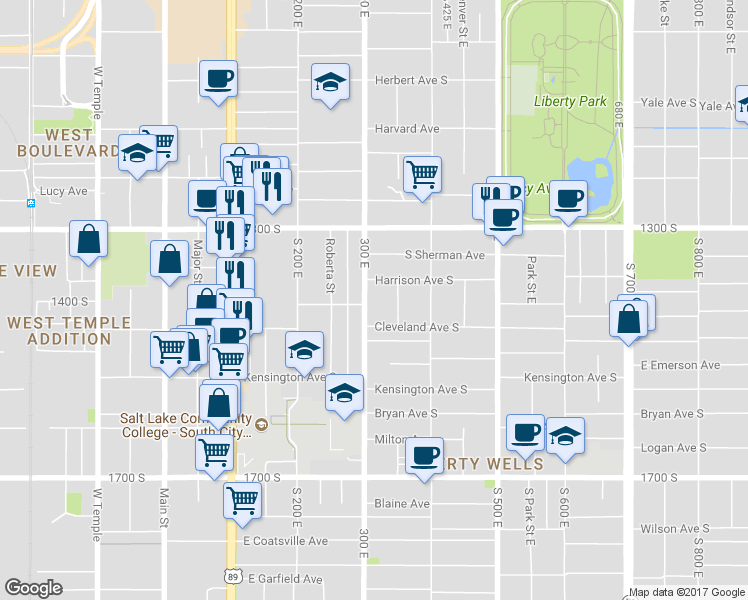 map of restaurants, bars, coffee shops, grocery stores, and more near 1359 South 300 East in Salt Lake City