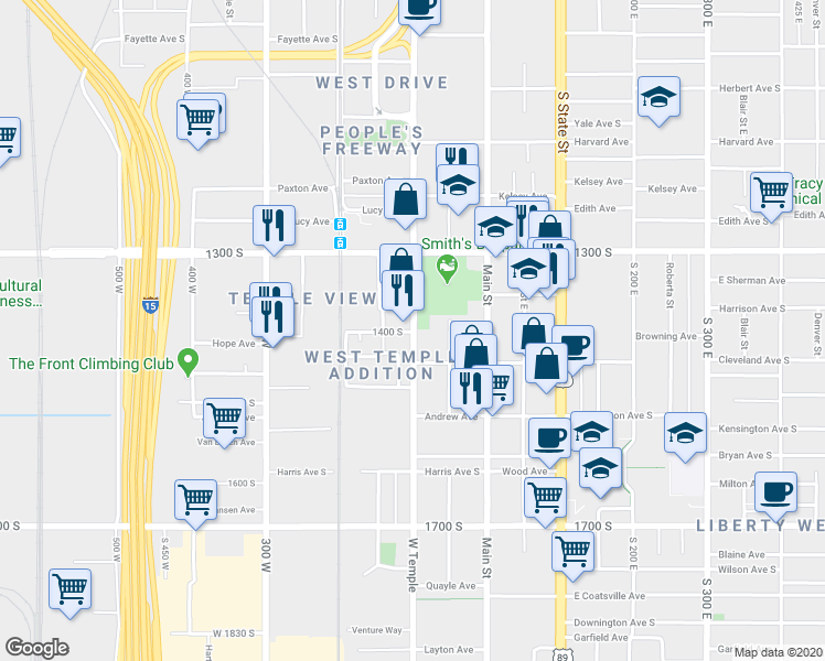 map of restaurants, bars, coffee shops, grocery stores, and more near 1365 South West Temple in Salt Lake City