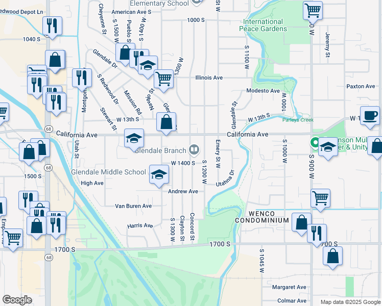 map of restaurants, bars, coffee shops, grocery stores, and more near 1331 Concord Street in Salt Lake City