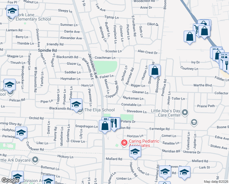 map of restaurants, bars, coffee shops, grocery stores, and more near 53 Coppersmith Road in Levittown