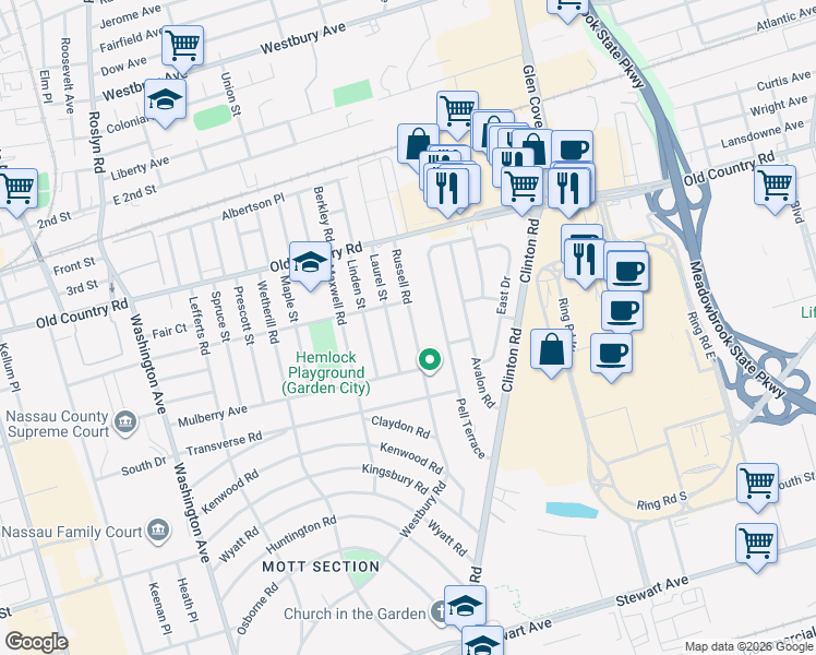 map of restaurants, bars, coffee shops, grocery stores, and more near 56 Pell Terrace in Garden City