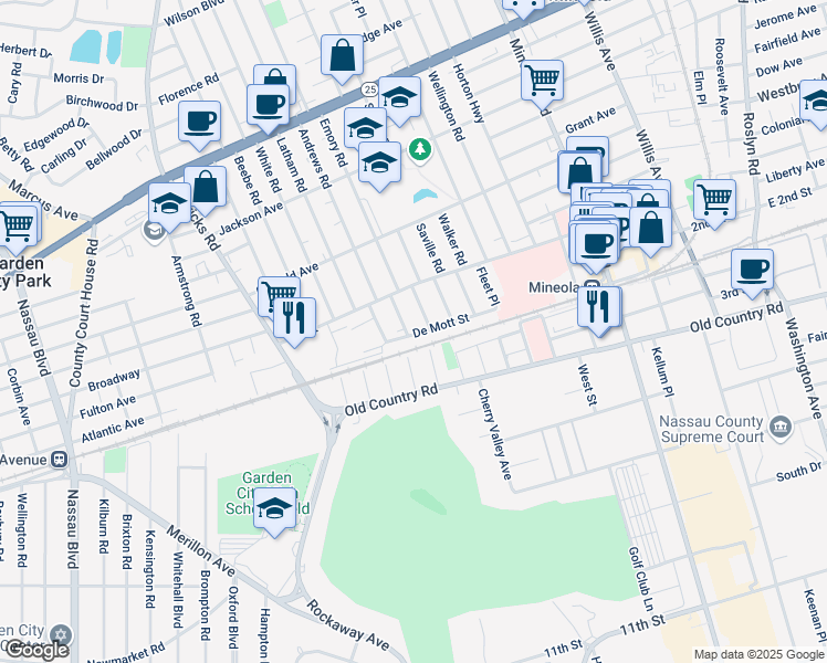 map of restaurants, bars, coffee shops, grocery stores, and more near 100 Krug Place in Mineola
