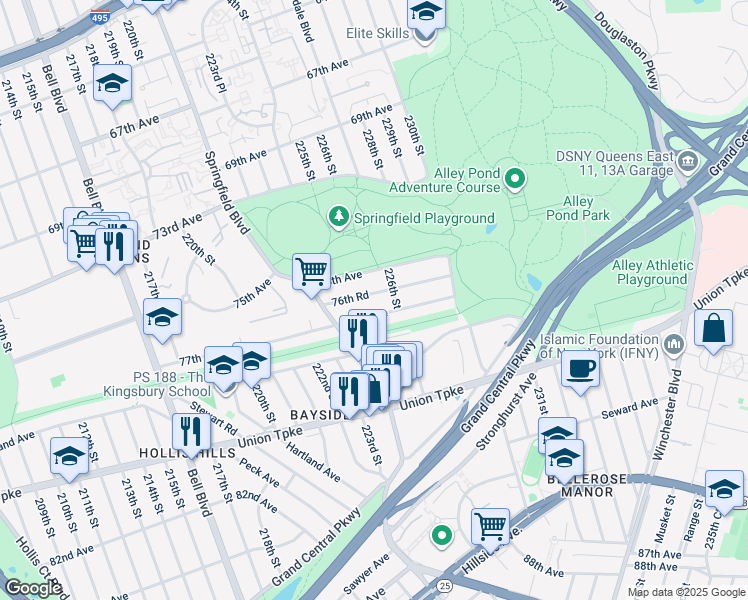map of restaurants, bars, coffee shops, grocery stores, and more near 224-58 76th Avenue in Queens