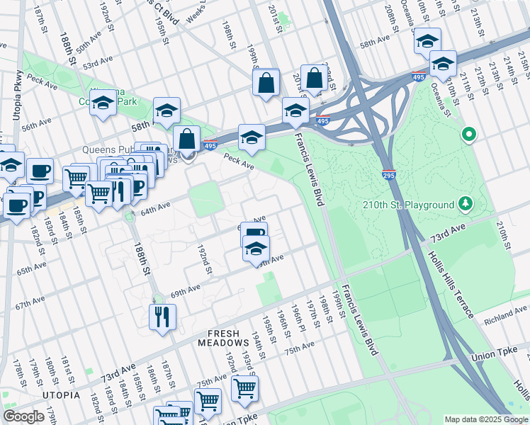 map of restaurants, bars, coffee shops, grocery stores, and more near 196-10C 65th Crescent in Queens