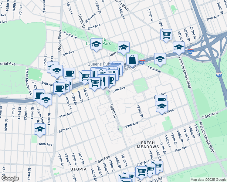 map of restaurants, bars, coffee shops, grocery stores, and more near 6118 190th Street in Queens