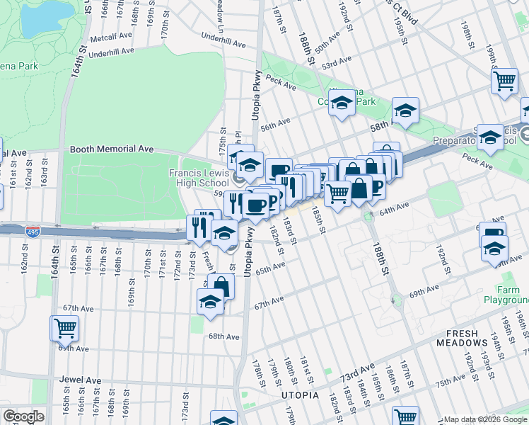 map of restaurants, bars, coffee shops, grocery stores, and more near 58-35 182nd Street in Queens