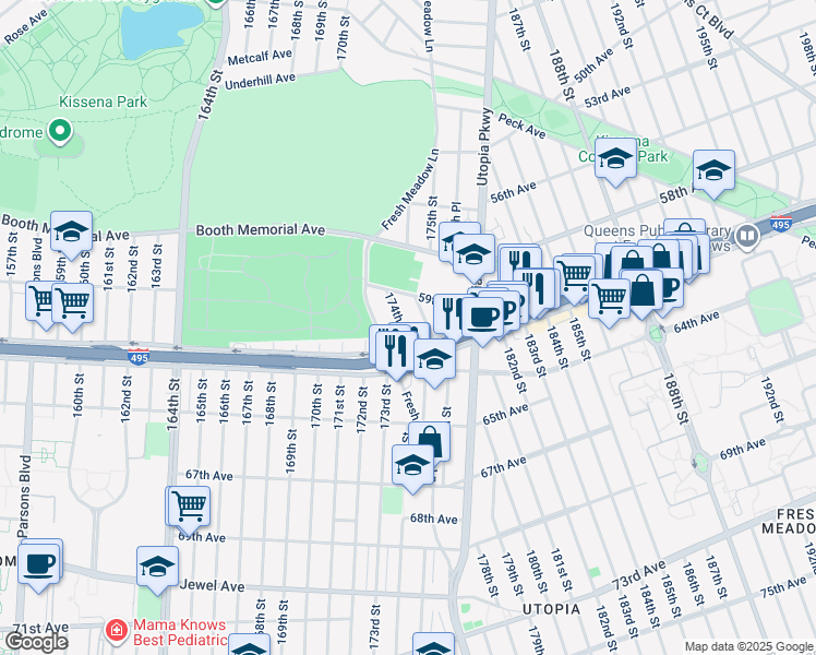 map of restaurants, bars, coffee shops, grocery stores, and more near 59-06 175th Street in Queens
