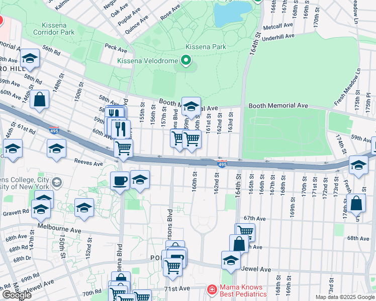 map of restaurants, bars, coffee shops, grocery stores, and more near 59-17 159th Street in Queens
