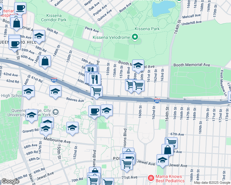map of restaurants, bars, coffee shops, grocery stores, and more near 59-19 156th Street in Queens