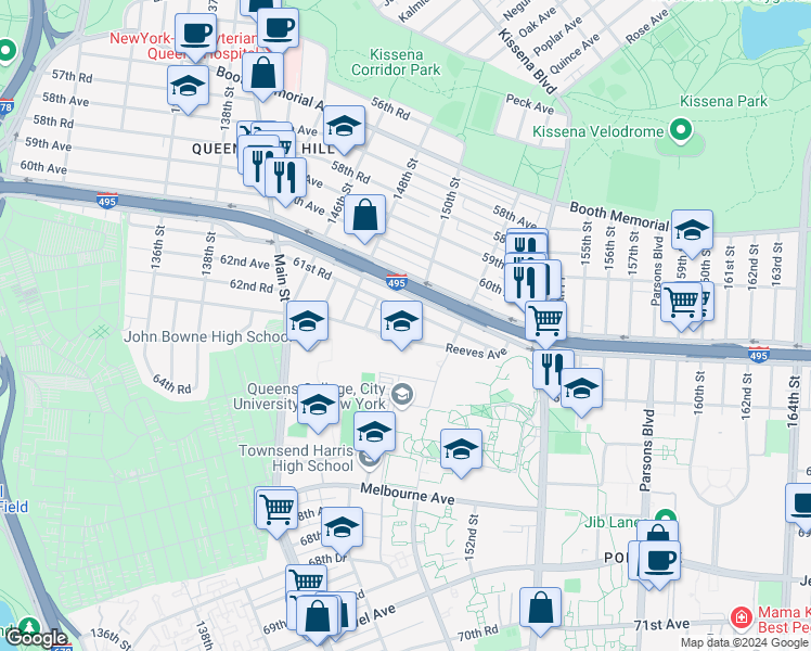 map of restaurants, bars, coffee shops, grocery stores, and more near 150-04 61st Road in Queens