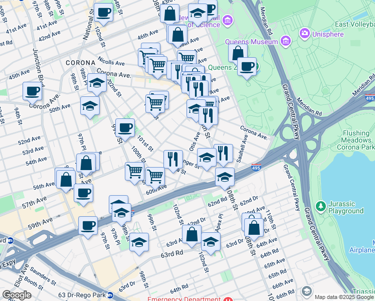 map of restaurants, bars, coffee shops, grocery stores, and more near 56-28 Waldron Street in Queens