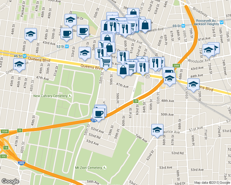 map of restaurants, bars, coffee shops, grocery stores, and more near 47-10 59th Street in Queens