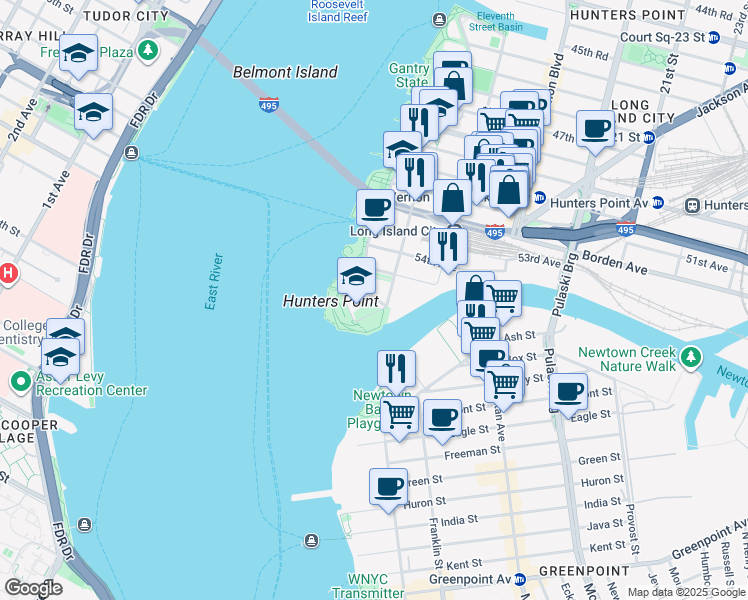map of restaurants, bars, coffee shops, grocery stores, and more near in Queens