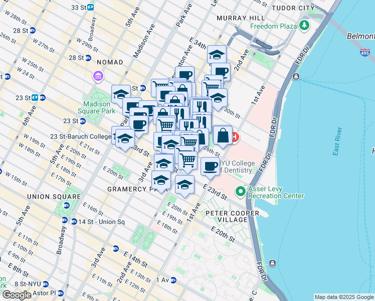 map of restaurants, bars, coffee shops, grocery stores, and more near 123 5th Avenue in New York