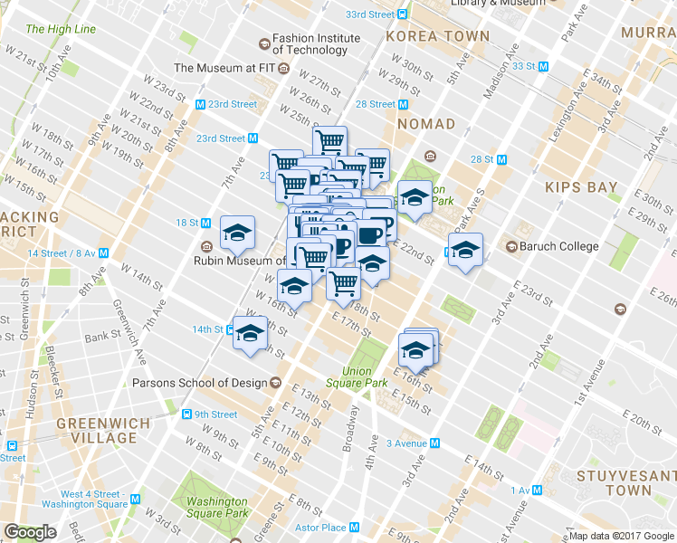 map of restaurants, bars, coffee shops, grocery stores, and more near 20 West 20th Street in New York
