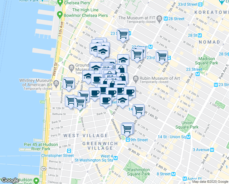 map of restaurants, bars, coffee shops, grocery stores, and more near 228 West 15th Street in New York