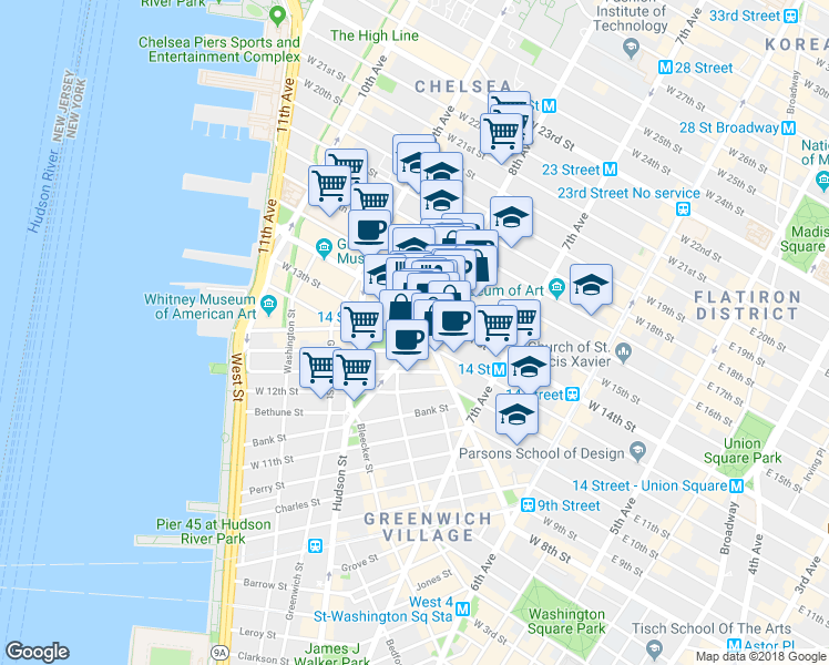 map of restaurants, bars, coffee shops, grocery stores, and more near in New York