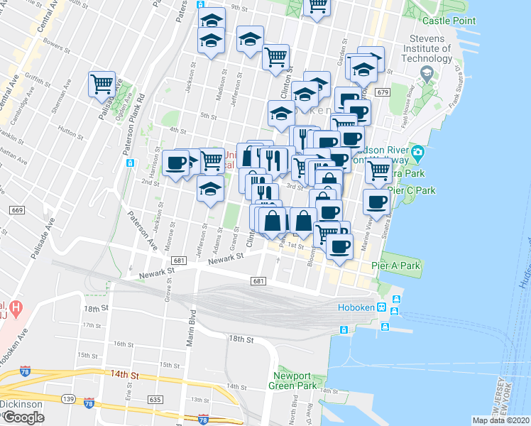 map of restaurants, bars, coffee shops, grocery stores, and more near 309 2nd Street in Hoboken