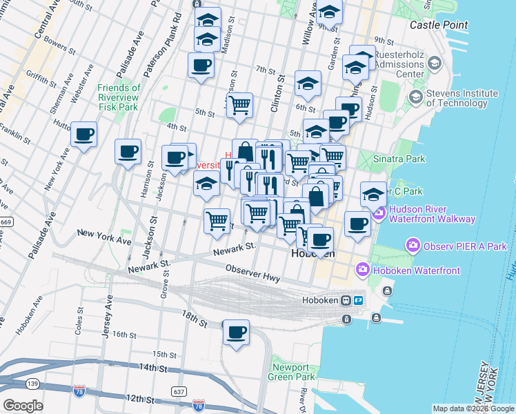 map of restaurants, bars, coffee shops, grocery stores, and more near 309 2nd Street in Hoboken