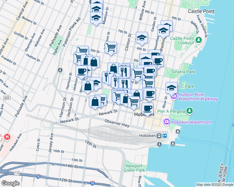 map of restaurants, bars, coffee shops, grocery stores, and more near in Hoboken
