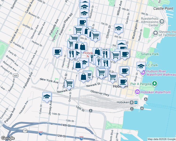 map of restaurants, bars, coffee shops, grocery stores, and more near 450 2nd Street in Hoboken