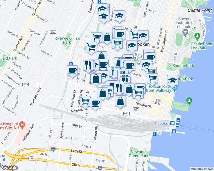 map of restaurants, bars, coffee shops, grocery stores, and more near 450 2nd Street in Hoboken