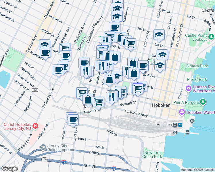 map of restaurants, bars, coffee shops, grocery stores, and more near 126 Monroe Street in Hoboken
