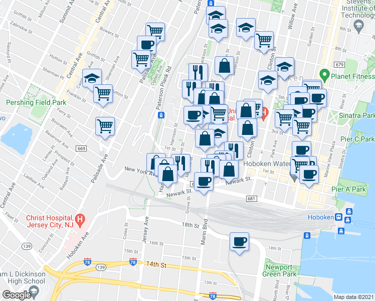 map of restaurants, bars, coffee shops, grocery stores, and more near 126 Monroe Street in Hoboken