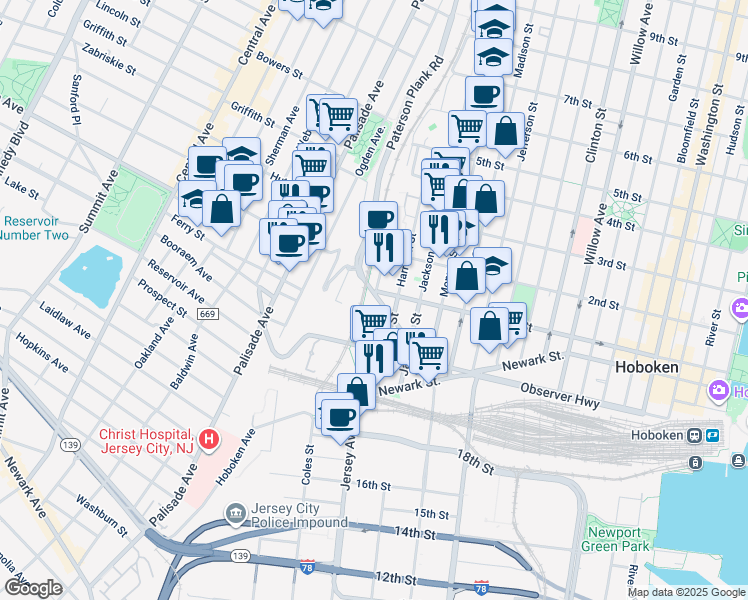map of restaurants, bars, coffee shops, grocery stores, and more near 102 Marshall Street in Hoboken
